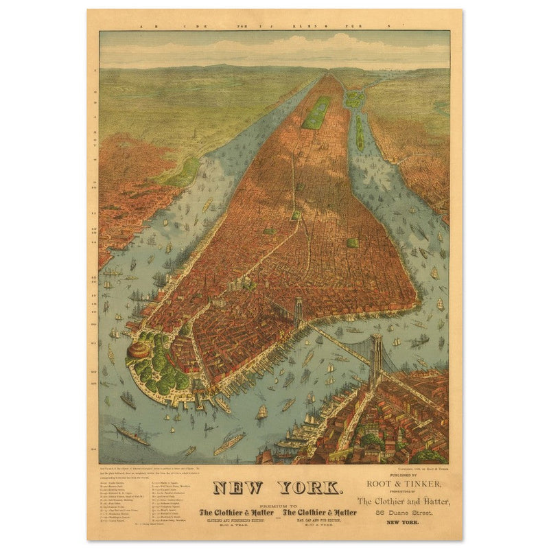 New York City vintage historic aerial view. Antique print  of Manhattan and the Hudson and East river.
