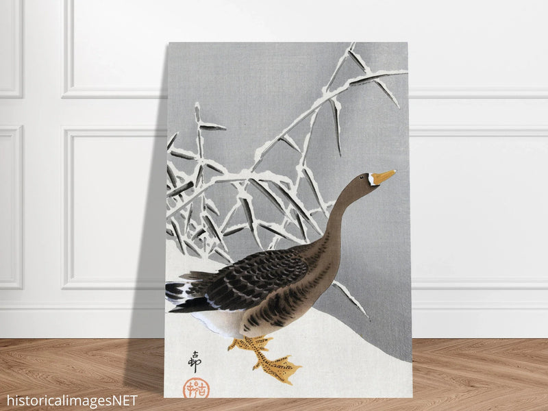 White-fronted goose in the snow by Ohara Koson