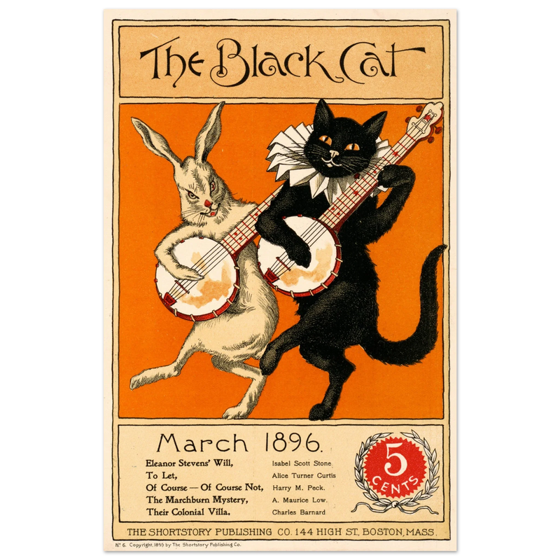 Rabbit and black cat playing banjos together as the cover illustration for The Black Cat Poster reproduction