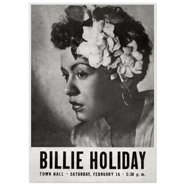 Billie Holiday concer music poster in New York City Town Hall in 1946.