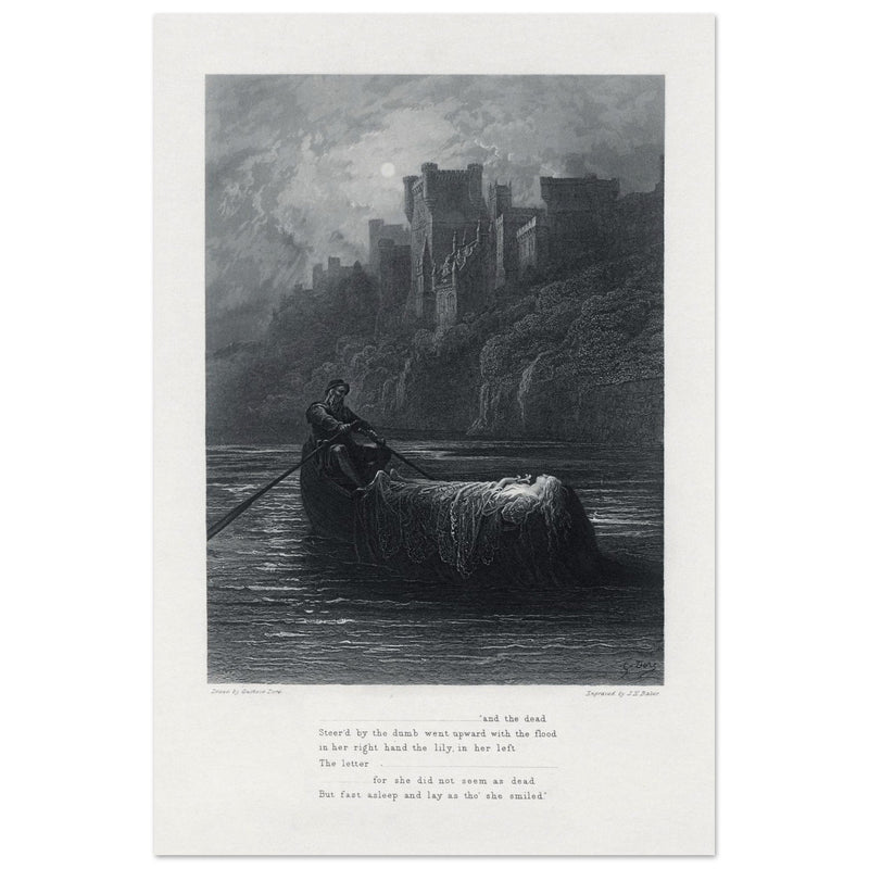 Gustave Dore illustration .The Body of Elaine on its way to King Arthur's Palace. Idylls of the King by Alfred Tennyson.