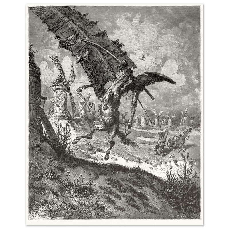 Don Quixote illustration by Gustave Dore. Fight with the wind mills .