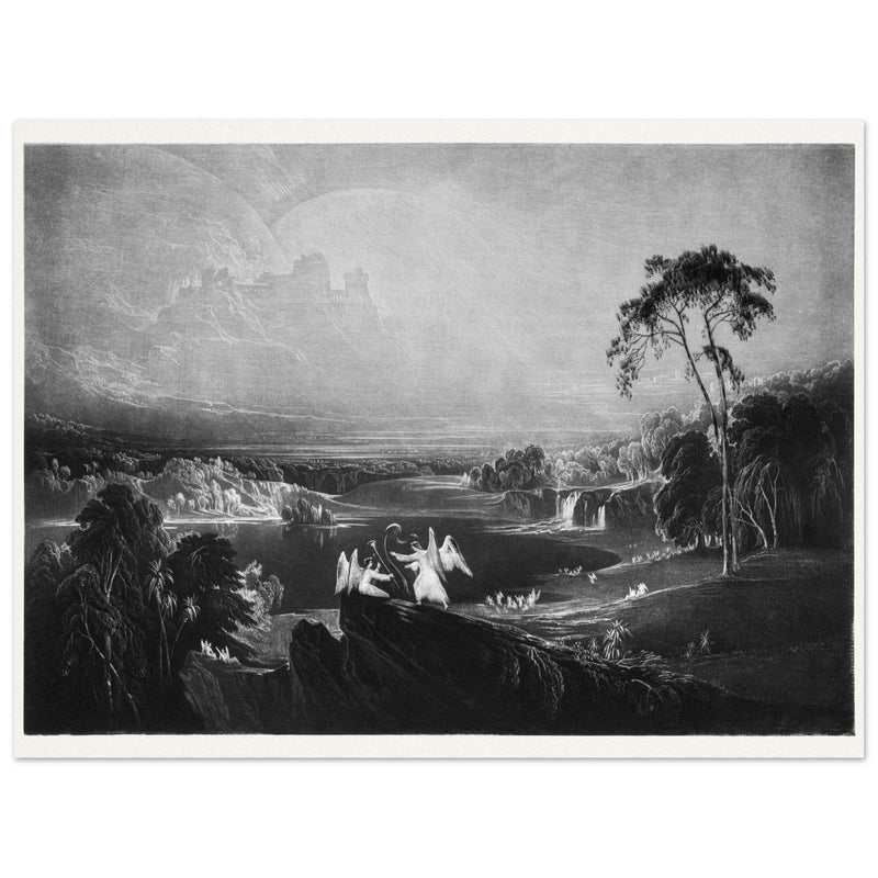 John Martin Paradise Lost Heaven – the Rivers of Bliss. Vintage mezzotint engraving .