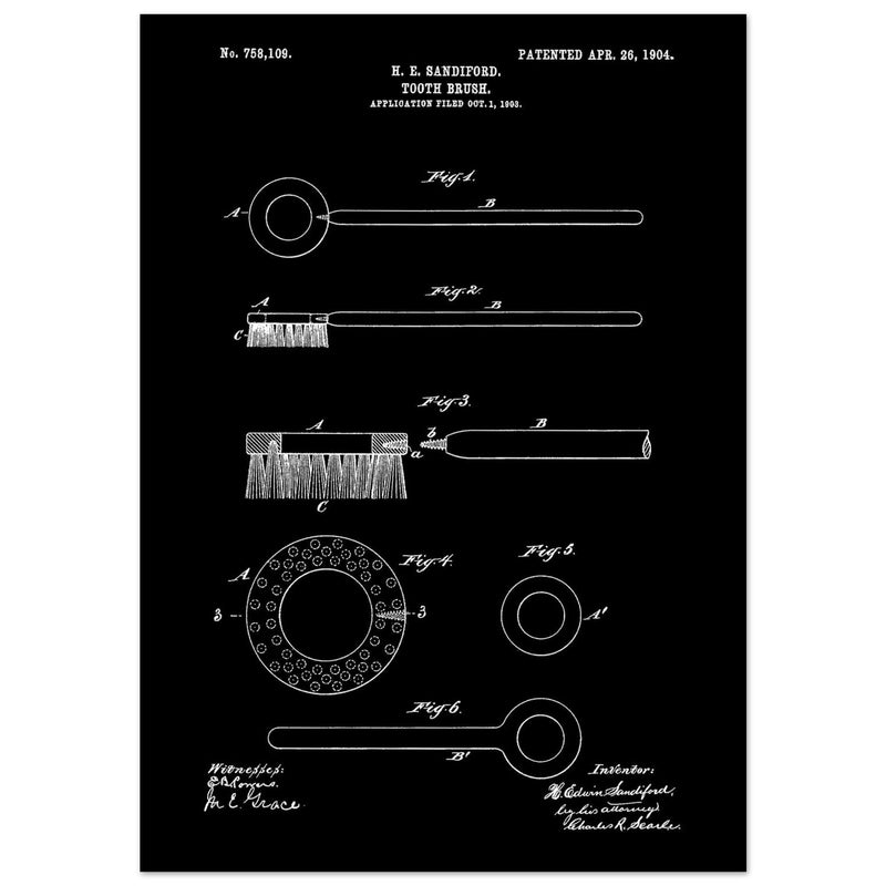 Toothbrush patent illustration by H E Sandiford.