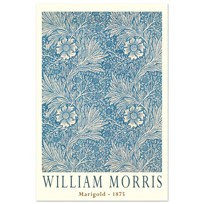 William Morris Marigold art print. Vintage wallpaper reproduction. Blue floral pattern.