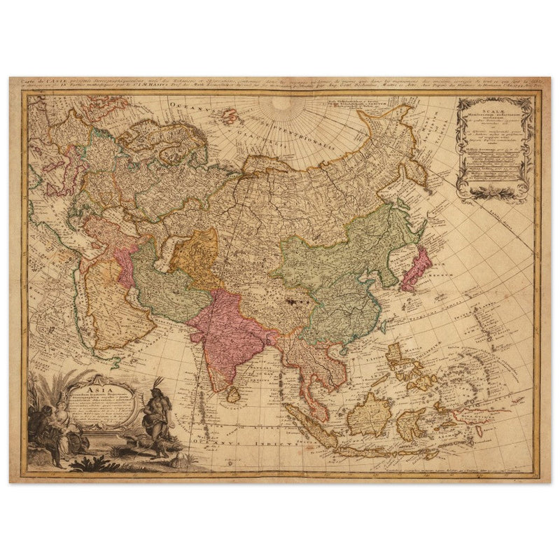 Ancient vintage map of Asia. Beautiful  from an antique asian map of the XVIII century. Art print.