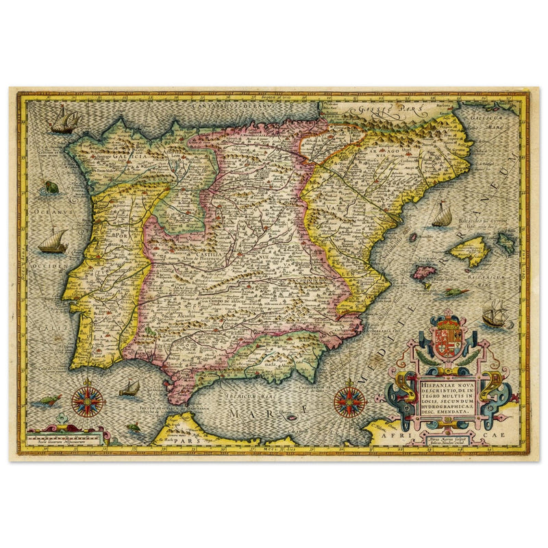 Ancient Spain and Portugal map. Iberian Peninsula cartography by Henricus Hondius.