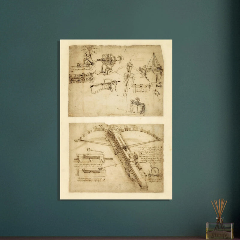 Leonardo da Vinci Atlantic Codex (Codex Atlanticus) Giant crossbow drawing reproduction.