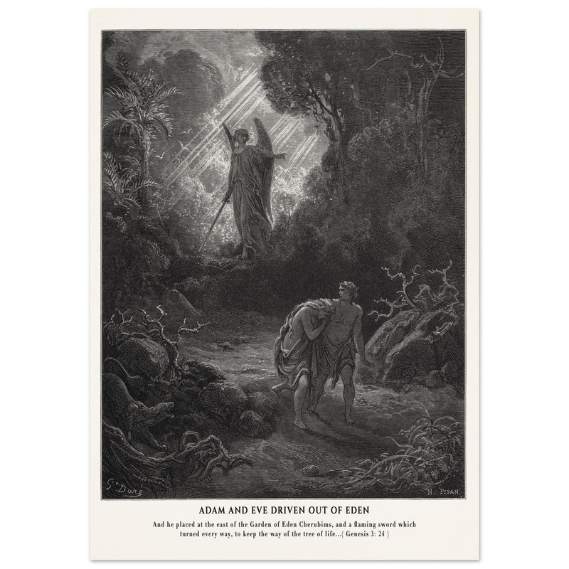 Gustave Dore The Bible engraving print . Adam and Eve driven out from Eden.