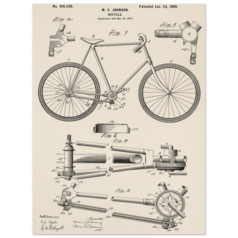 Vintage bicycle patent 1899 by M. C Johnson.