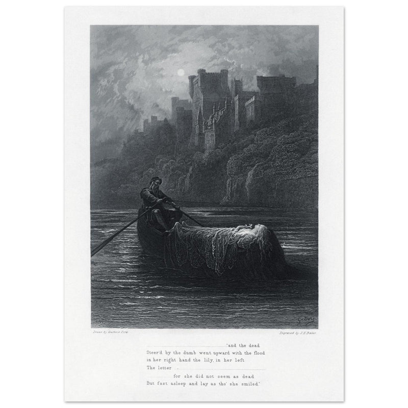 Gustave Dore illustration .The Body of Elaine on its way to King Arthur's Palace. Idylls of the King by Alfred Tennyson.