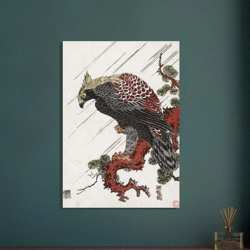 Eagle on pine branch in rain, by Isoda Koryusai