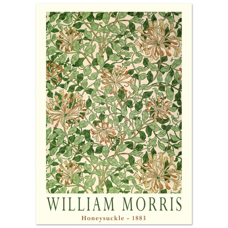 William Morris art print Honeysuckle wallpaper. Vintage flower and leaves poster.