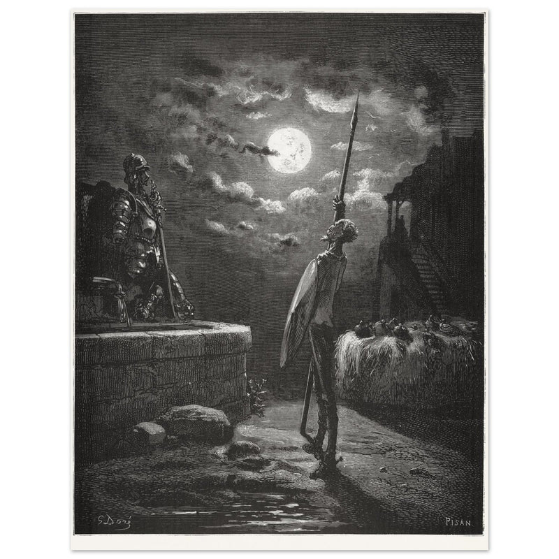 Don Quixote by Gustave Dore. The knight raising his sword against the moon at night.
