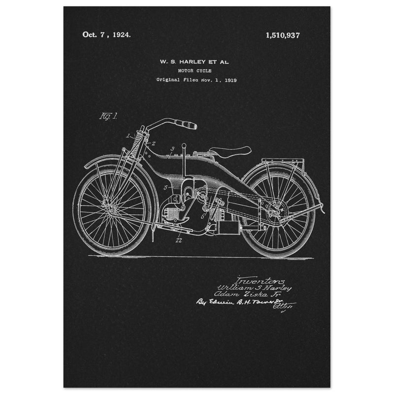 Vintage motorcycle patent by William S Harley founder of harley davidson.