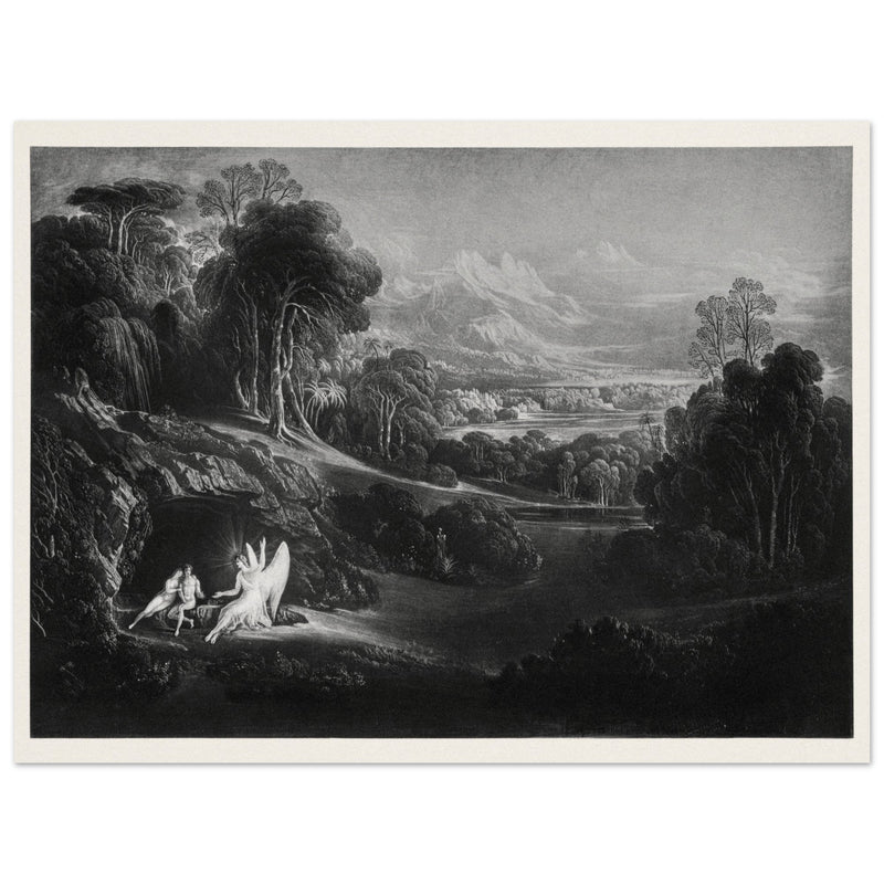John Martin Paradise Lost vintage mezzoting engraving . Raphael Conversing with Adam and Eve .