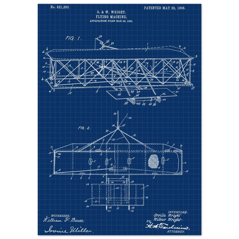 Flying machine patent 1906 by the Wright brothers. Vintage airplane.