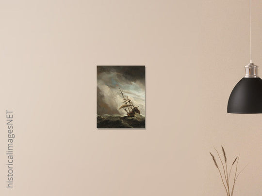 Willem van de Velde A Ship on the High Seas Caught by a Squall, Known as The Gust. Old marine painting. Stormy sea.
