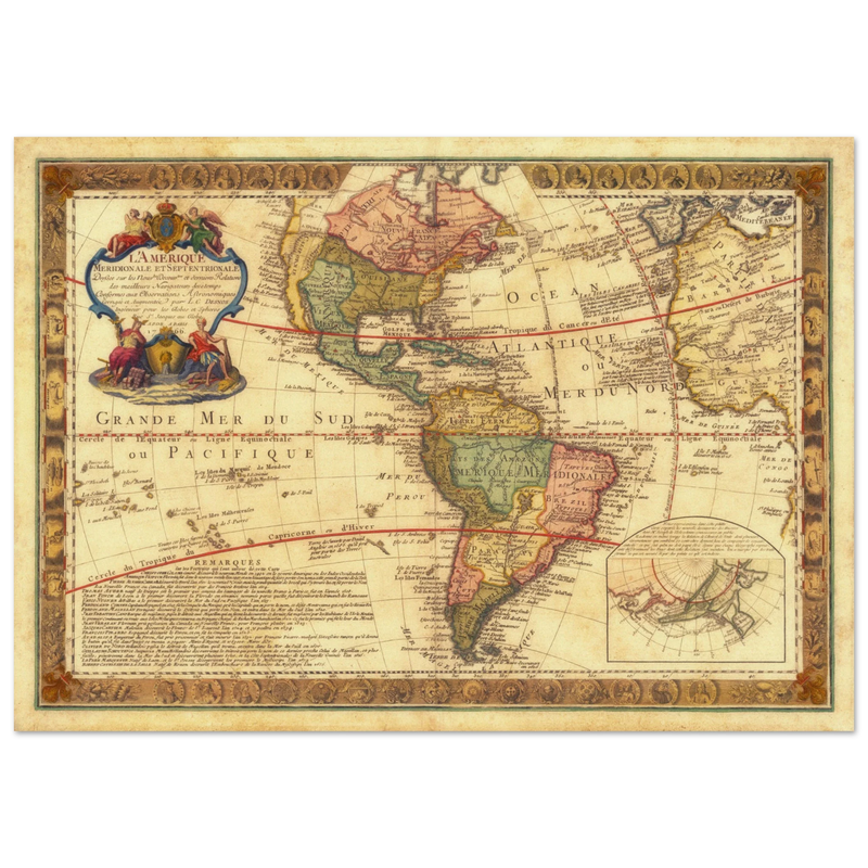 Ancient map of America. Old antique american map of the XVIII Century.  and poster
