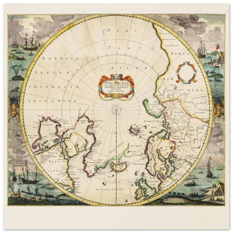 Ancient sea chart of the North Pole illustrated map by Jodocus Hondius XVII Century.