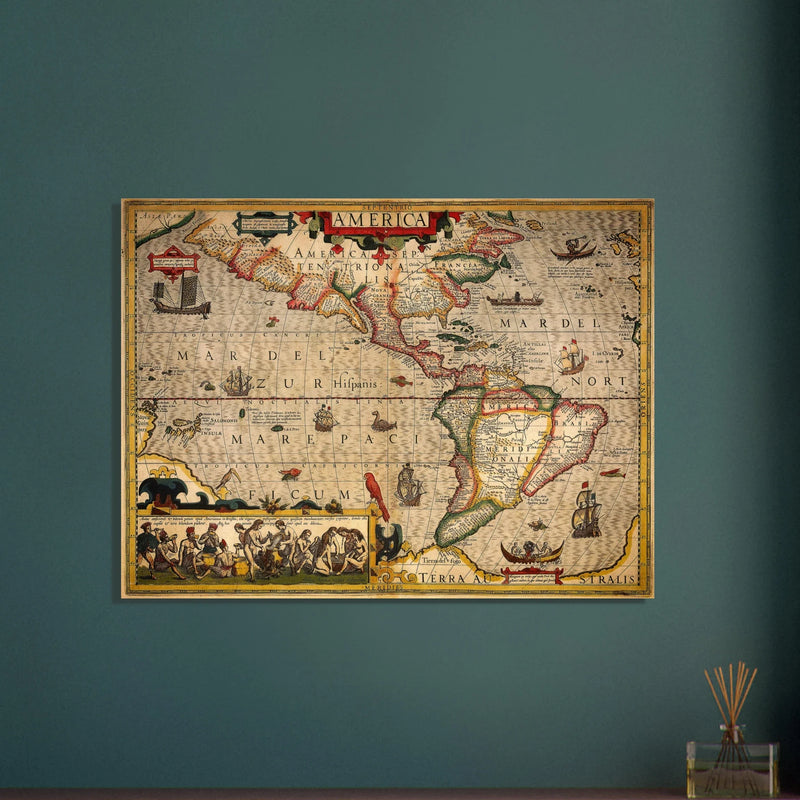America old map print. Poster reproduction of the american continent year 1630 by Hendrik Hondius