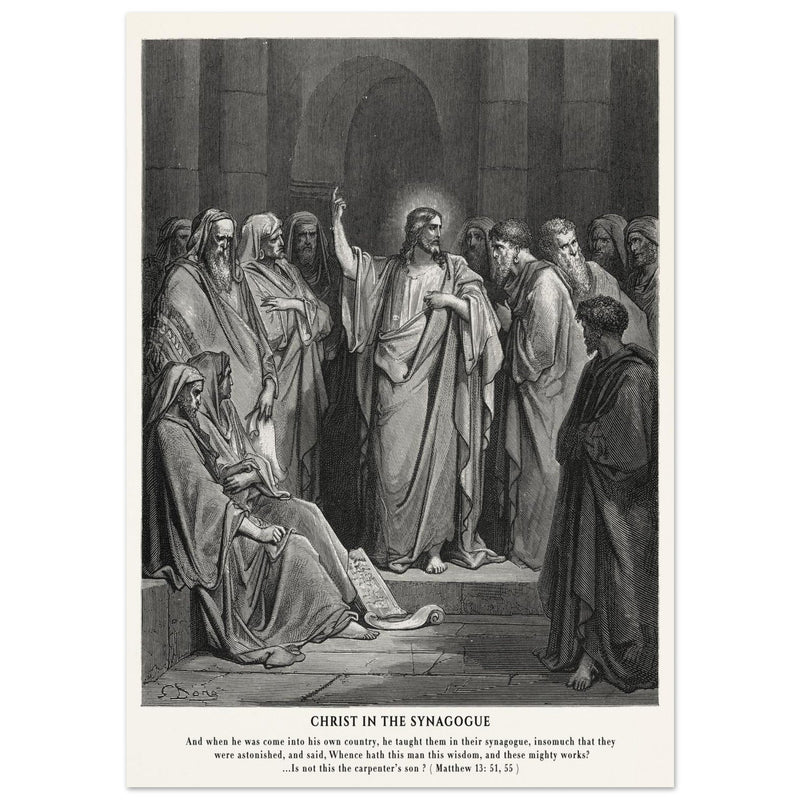 Gustave Dore The Bible engraving print . Christ in the synagogue illustration .
