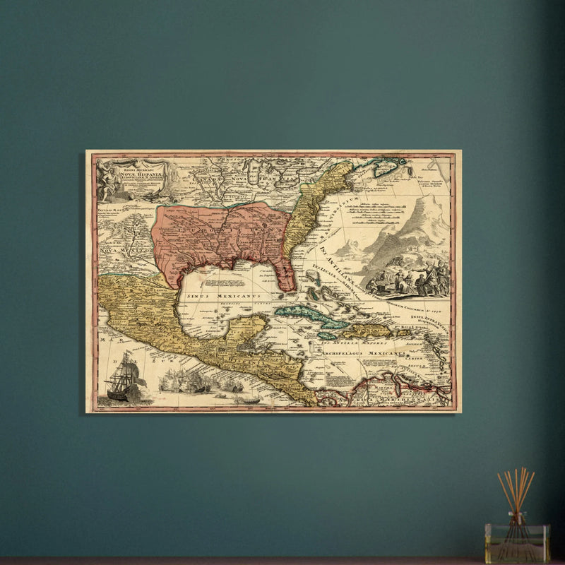 Ancient map of North America. Regni Mexicani seu Novae Hispaniae, Ludovicianae, N. Angliae, Carolinae, Virginae et Pennsylvaniae by Johann Baptist Homann