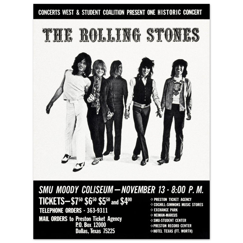 The Rolling Stones music poster of their performance at Dallas Texas in 1969.