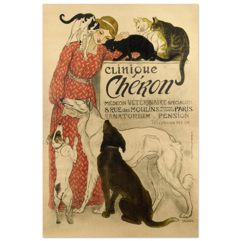 Theophile Steinlen Clinique Cheron. Beautiful vintage poster depicting a woman surrounded by cats and dogs in a veterinarian clinic.