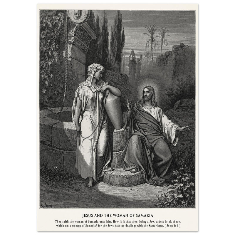 Gustave Dore The Bible engraving print . Jesus and the woman of Samaria illustration .