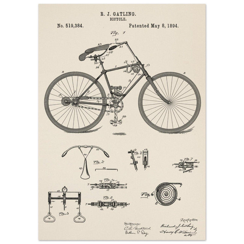 Vintage bicycle patent by Richard J Gatling 1894