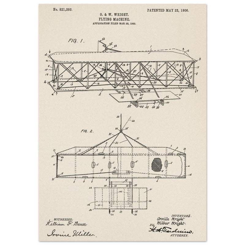 Flying machine patent 1906 by the Wright brothers. Vintage airplane.