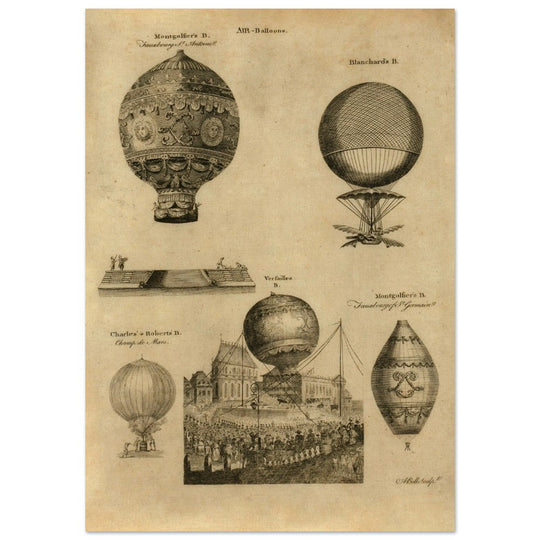 Early balloon ascensions in France. XVIII Century illustration drawing.