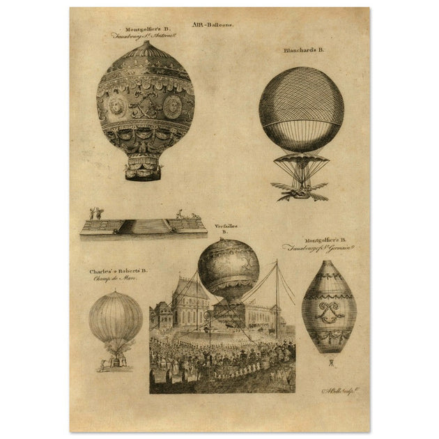 Early balloon ascensions in France. XVIII Century illustration drawing.