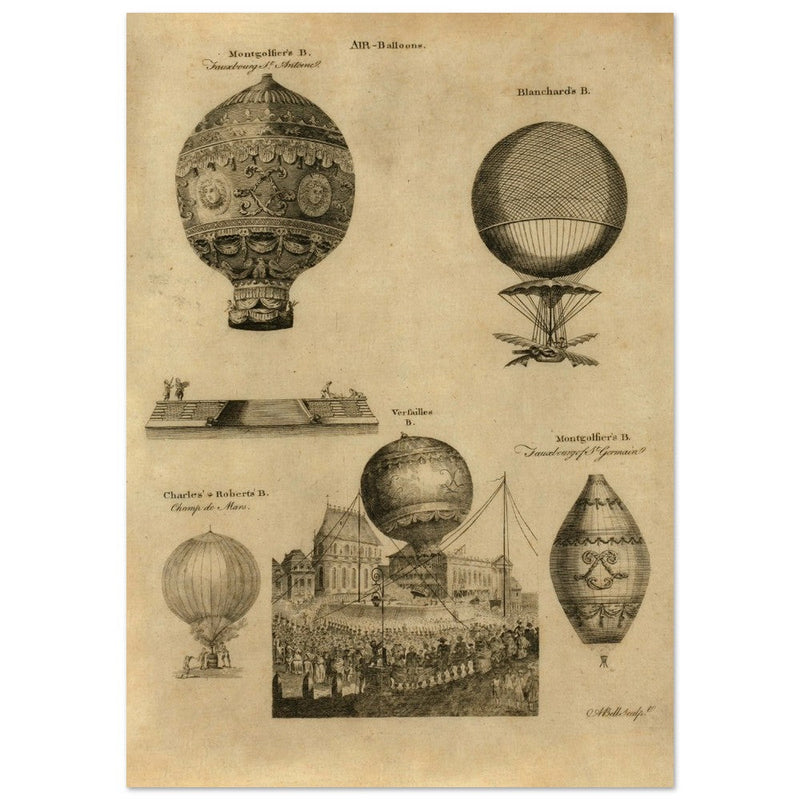 Early balloon ascensions in France. XVIII Century illustration drawing.