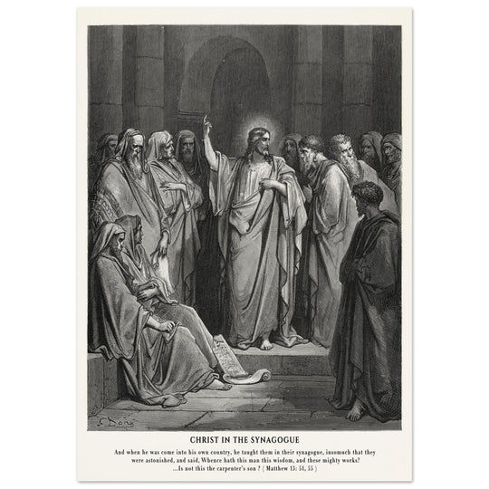 Gustave Dore The Bible engraving print . Christ in the synagogue illustration .