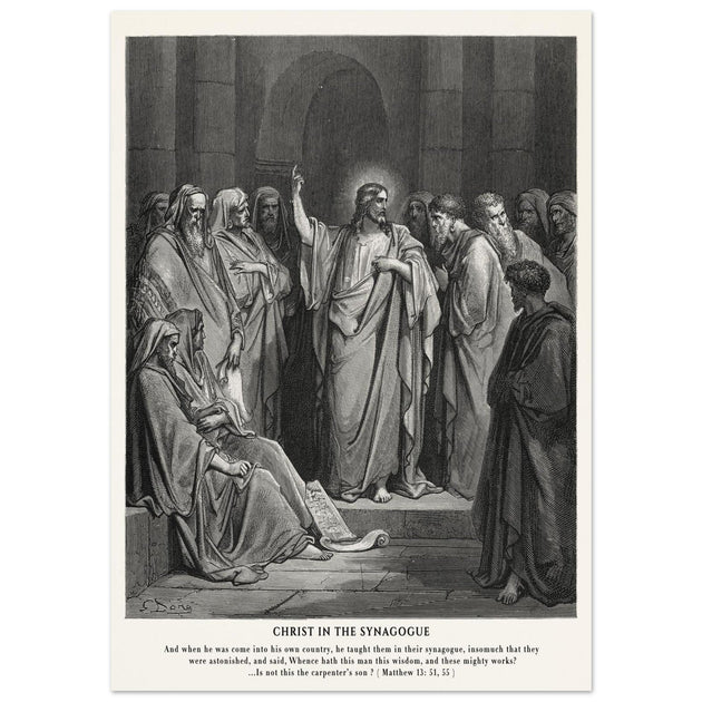 Gustave Dore The Bible engraving print . Christ in the synagogue illustration .
