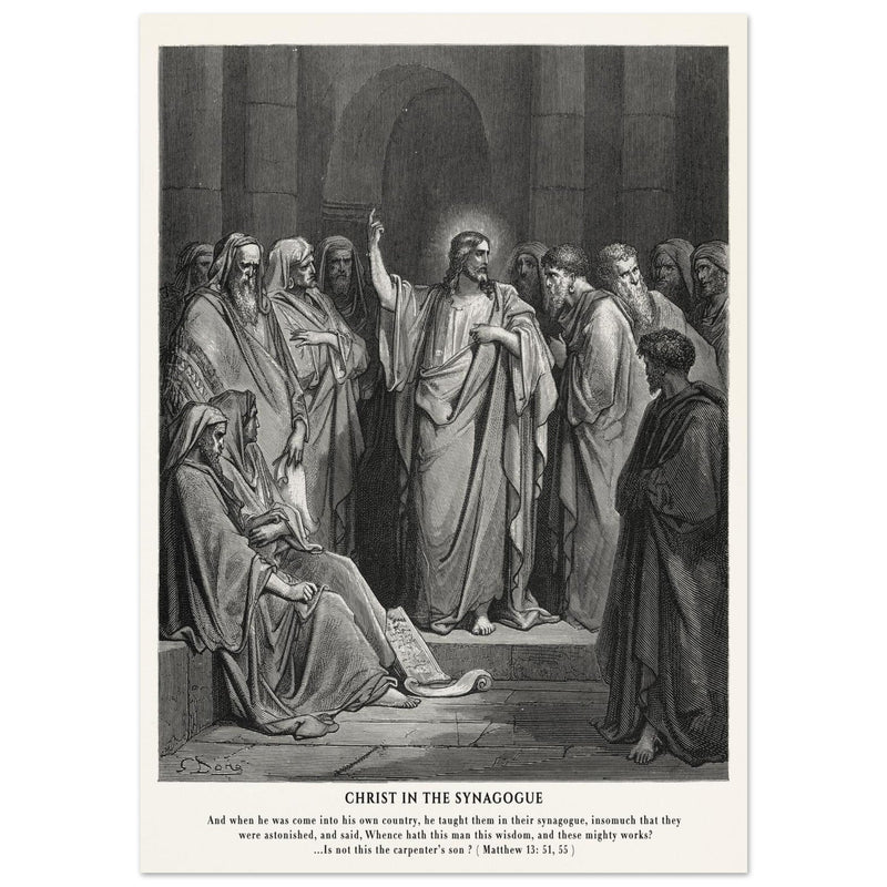 Gustave Dore The Bible engraving print . Christ in the synagogue illustration .
