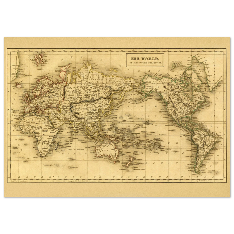 Ancient map of the world. The world on Mercator projection