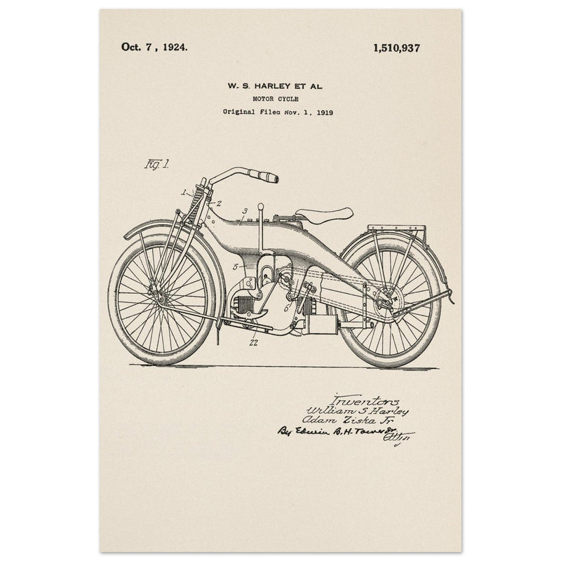 Vintage motorcycle patent by William S Harley founder of harley davidson.