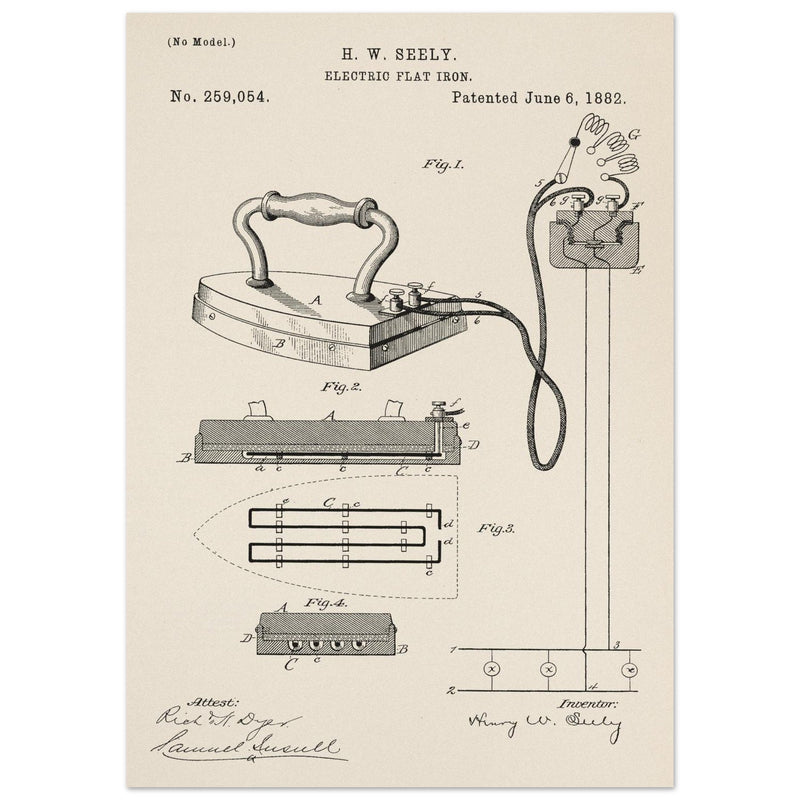 Electric Flat Iron patent by Henry W. Seeley Patent 259.054