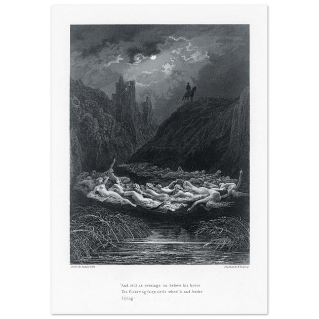 Gustave Dore illustration of King Arthur legend . The Fairy Circle. From the book Idylls of the King by Alfred Tennyson.