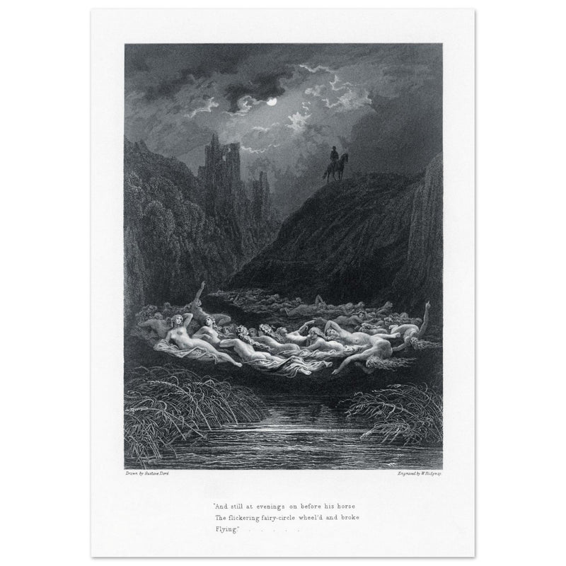 Gustave Dore illustration of King Arthur legend . The Fairy Circle. From the book Idylls of the King by Alfred Tennyson.