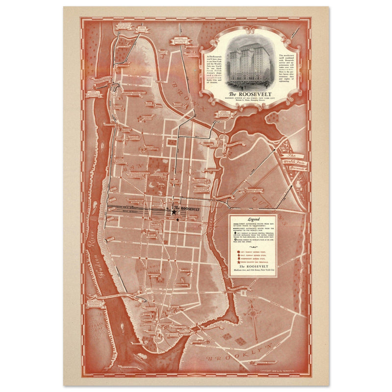 1938 New York City map. Created as an advertisement for the Roosevelt Hotel it includes major streets of Manhattan