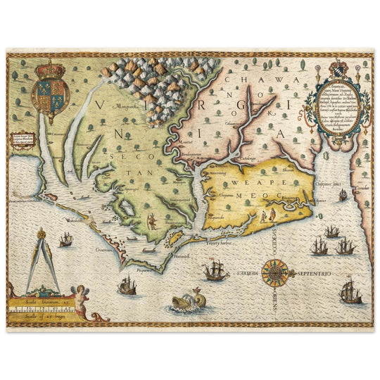 Ancient map of Virginia by Theodor de Bry XVI Century.