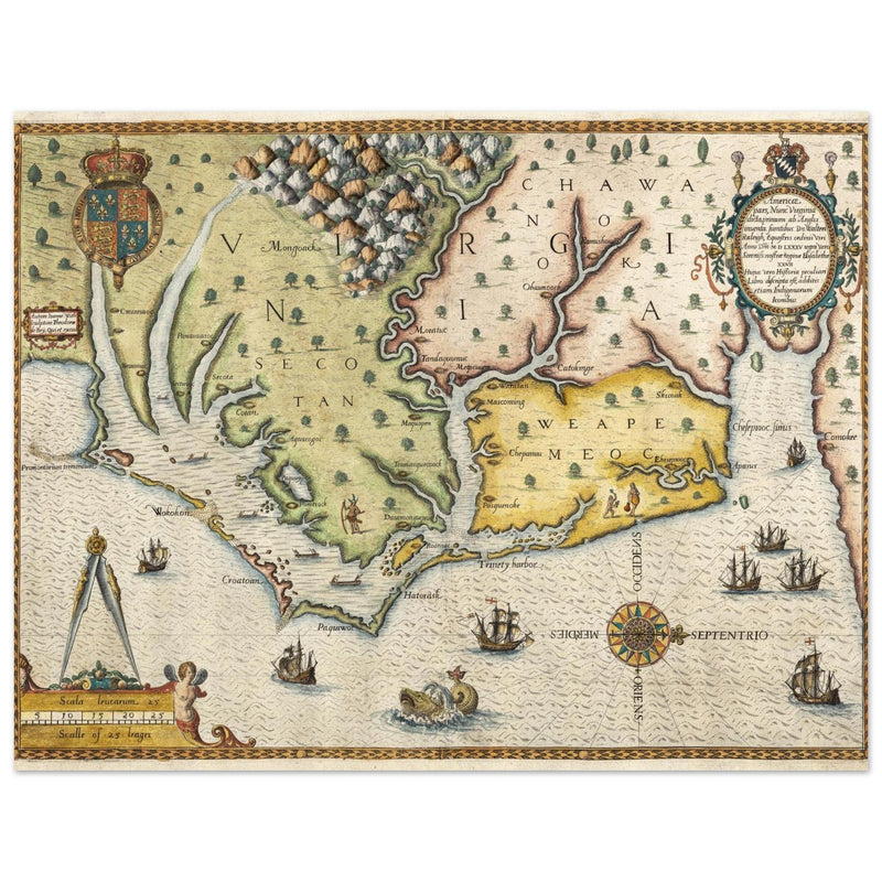 Ancient map of Virginia by Theodor de Bry XVI Century.