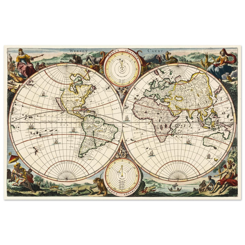 Ancient world map. Vintage double hemisphere cartography by Daniel Stoopendaal .