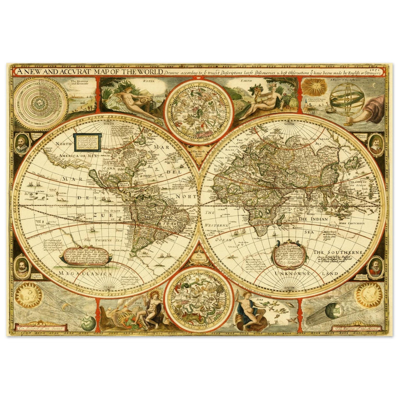 Old World Map of 1651 by John Speed. Vintage Double Hemisphere cartography of the XVII century .