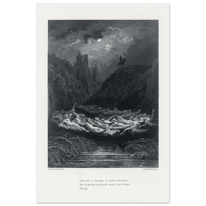 Gustave Dore illustration of King Arthur legend . The Fairy Circle. From the book Idylls of the King by Alfred Tennyson.