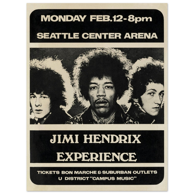 Jimi Hendrix concert poster of his performance at the Seattle Center Arena in 1968.